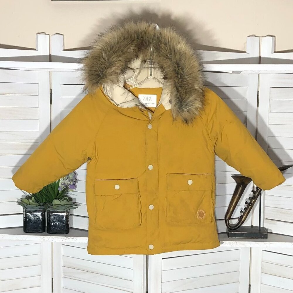 Zara Puffer Jacket Mustard Yellow Faux Fur Hood Size 4/5